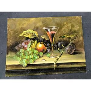 Still life oil painting on board Cognac Wine Grapes Fruit 12 X 16" Old Masters